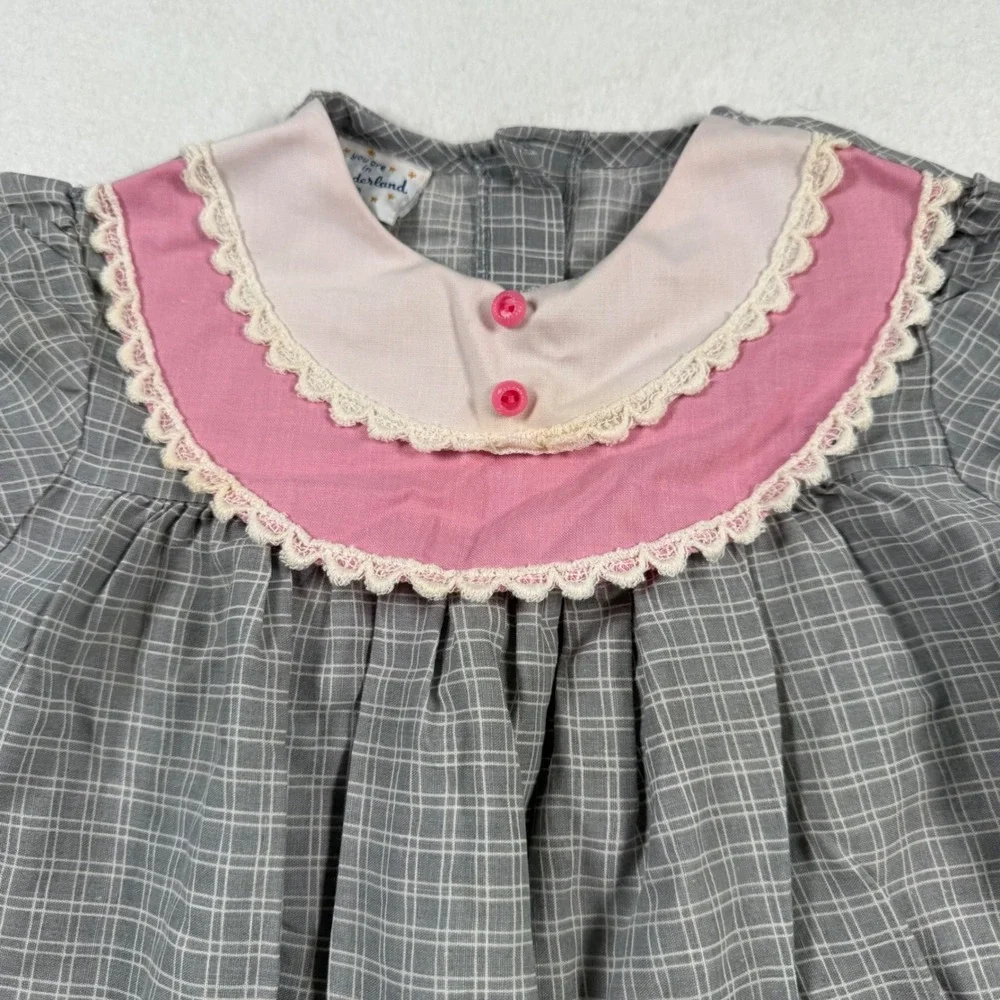 Vintage Wonderland Girls Grey Grid Teddy Bear Lace Collar Dress Size 5 USA Made